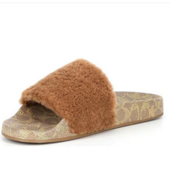 Coach Pool Slides Shearling Tan Brown Size 13 Shoes Slippers Slip On Sandals - Picture 1 of 7